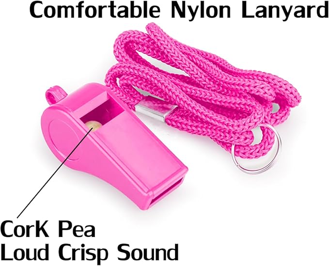 Loud Sports Whistle with Lanyard – High-Pitched Pink Plastic Whistles for Coaches, Outdoor Safety, Dog Training, Party Favors