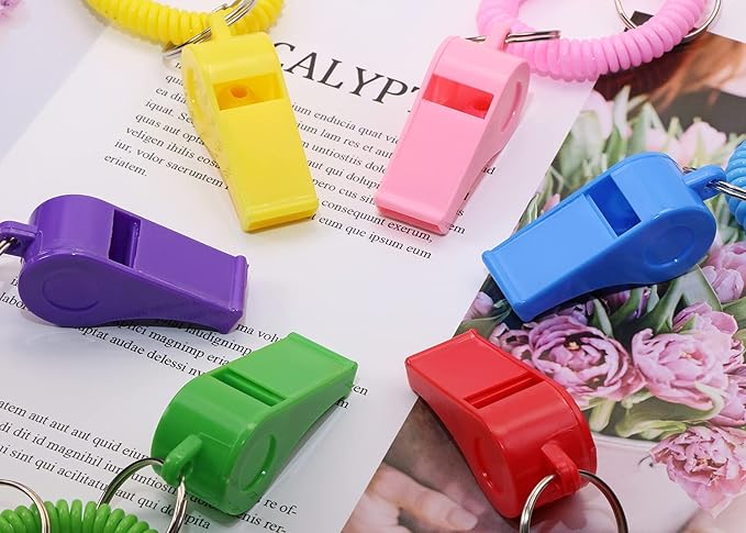 Sport Whistle with Bracelet 6pcs Loud Clear Plastic Whistles with Stretchable Coil Wrist Keychain Ring for Coaches Referees School Soccer Christmas Birthday Party Gift Survival Emergency Training