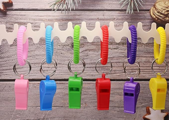 Sport Whistle with Bracelet 6pcs Loud Clear Plastic Whistles with Stretchable Coil Wrist Keychain Ring for Coaches Referees School Soccer Christmas Birthday Party Gift Survival Emergency Training