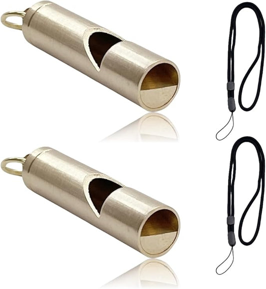 2 Pcs Brass Whistle with 17.3 Inch Black Lanyards Premium Emergency Survival Whistles for Outdoor Key Chain or Neck Carry Durable Brass Construction