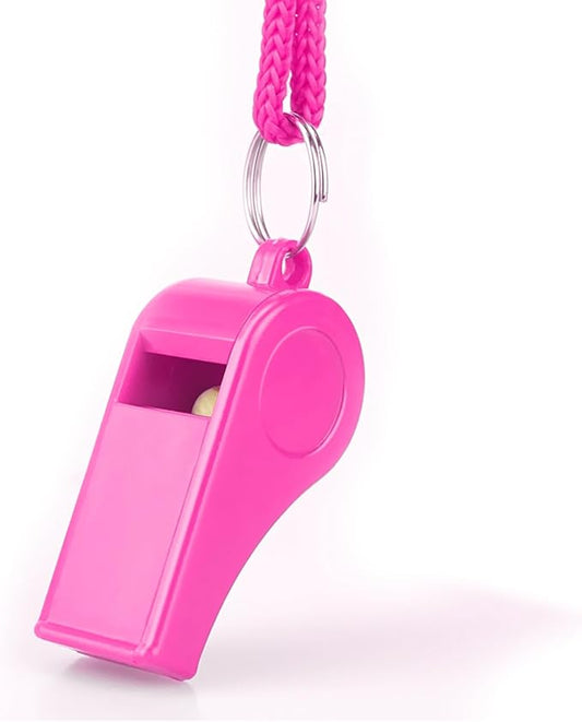 Loud Sports Whistle with Lanyard – High-Pitched Pink Plastic Whistles for Coaches, Outdoor Safety, Dog Training, Party Favors