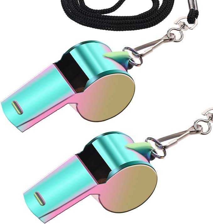 2Pack Coach Whistle with Lanyard Stainless Steel Metal Whistle Colorful Coach Whistle Bulk Loud Sports Whistle for Teachers, Coaches, Referees, Emergency