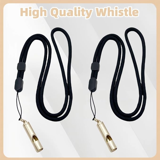 2 Pcs Brass Whistle with 17.3 Inch Black Lanyards Premium Emergency Survival Whistles for Outdoor Key Chain or Neck Carry Durable Brass Construction
