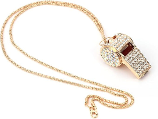 2pcs Gold Diamond Metal Bling Crystal Rhinestone Whistles with Golden Chain Lanyard Shining Loud Sound Sports Gift Gear for Referees, Teachers, Officials, Basketball, Football Training