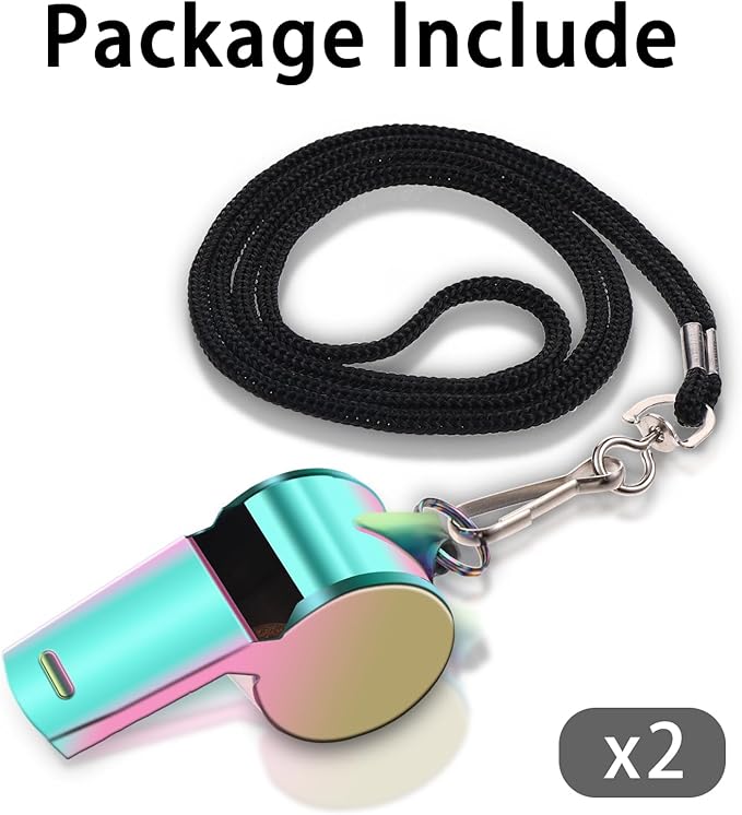 2Pack Coach Whistle with Lanyard Stainless Steel Metal Whistle Colorful Coach Whistle Bulk Loud Sports Whistle for Teachers, Coaches, Referees, Emergency
