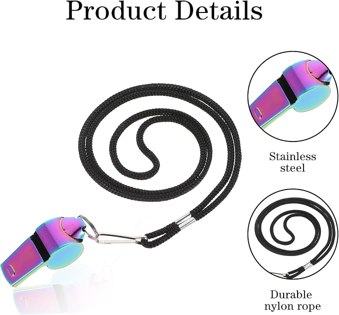 2 Pcs Coach Whistle with Lanyard, Stainless Steel Metal Teacher Whistle, Colorful Backpack Whistle, Emergency Sports Loud Whistle Suitable for, Coach, Referee, Emergency