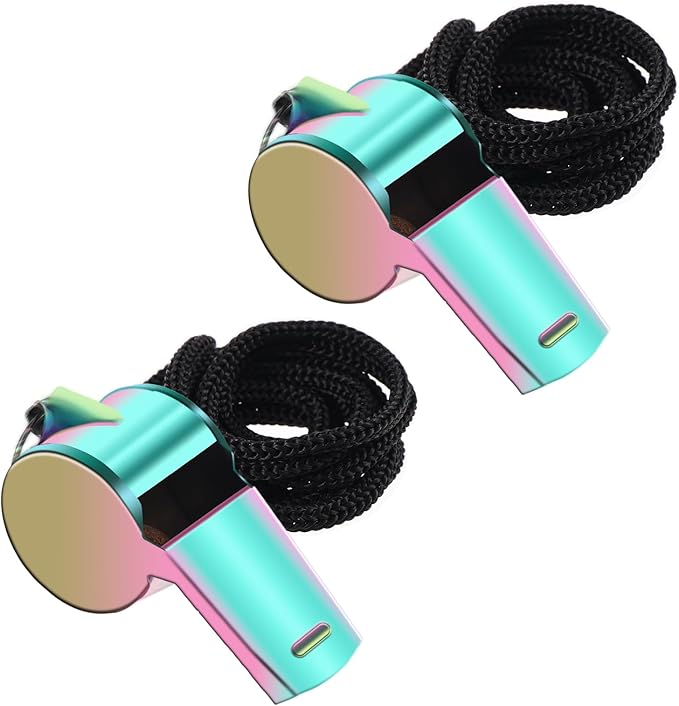 2Pack Coach Whistle with Lanyard Stainless Steel Metal Whistle Colorful Coach Whistle Bulk Loud Sports Whistle for Teachers, Coaches, Referees, Emergency