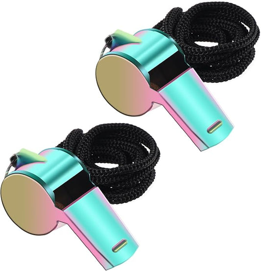 2Pack Coach Whistle with Lanyard Stainless Steel Metal Whistle Colorful Coach Whistle Bulk Loud Sports Whistle for Teachers, Coaches, Referees, Emergency