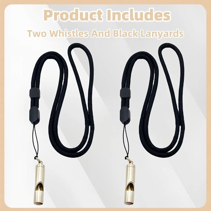 2 Pcs Brass Whistle with 17.3 Inch Black Lanyards Premium Emergency Survival Whistles for Outdoor Key Chain or Neck Carry Durable Brass Construction