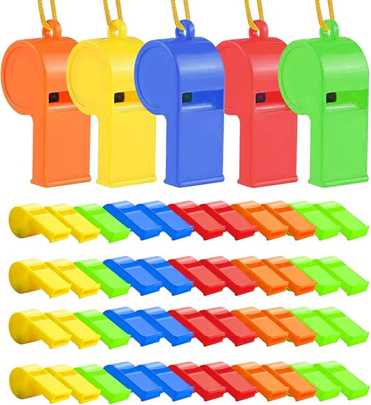 48Pcs Plastic Whistles, Sports Whistle Bulk with Lanyard, Super Loud Training Sports Whistle for Coaches Referees, Colorful Whistles for Toy Soccer Giveaways Party