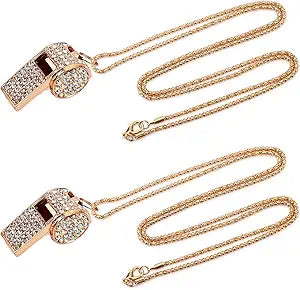 2pcs Gold Diamond Metal Bling Crystal Rhinestone Whistles with Golden Chain Lanyard Shining Loud Sound Sports Gift Gear for Referees, Teachers, Officials, Basketball, Football Training