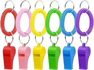 Sport Whistle with Bracelet 6pcs Loud Clear Plastic Whistles with Stretchable Coil Wrist Keychain Ring for Coaches Referees School Soccer Christmas Birthday Party Gift Survival Emergency Training