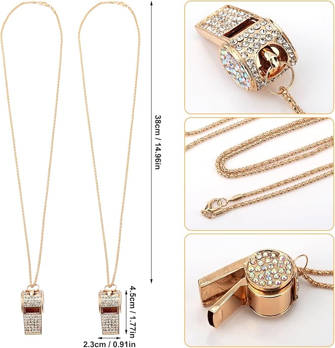 2pcs Gold Diamond Metal Bling Crystal Rhinestone Whistles with Golden Chain Lanyard Shining Loud Sound Sports Gift Gear for Referees, Teachers, Officials, Basketball, Football Training